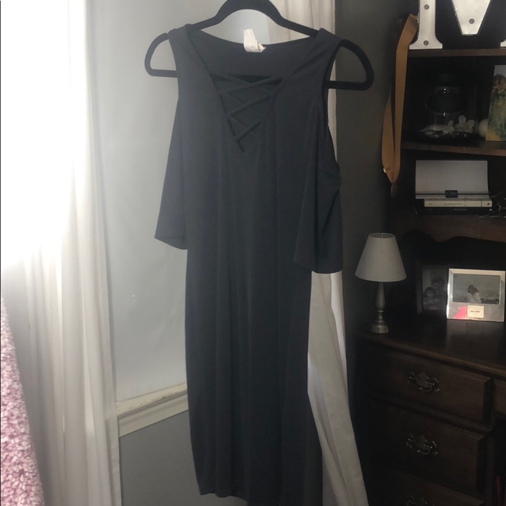 Navy, open shoulder dress